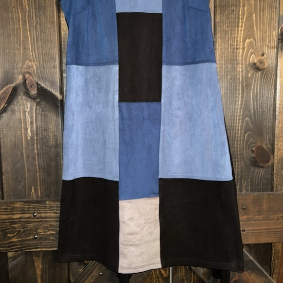 Spense Patchwork Dress 4 Denim Blue Grey Faux Suede Sheath Vtg Stretch Boho 90s - Picture 6 of 13